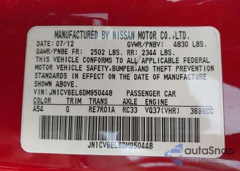 2013 Infiniti G37X from USA, damaged, VIN JN1CV6EL6DM950448